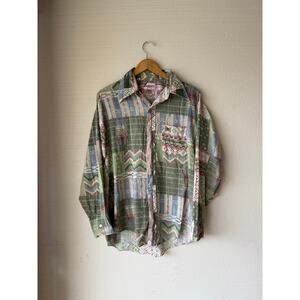 Vintage 1970s Rappers Patchwork Print Dagger Collar Button Up Shirt Size Large